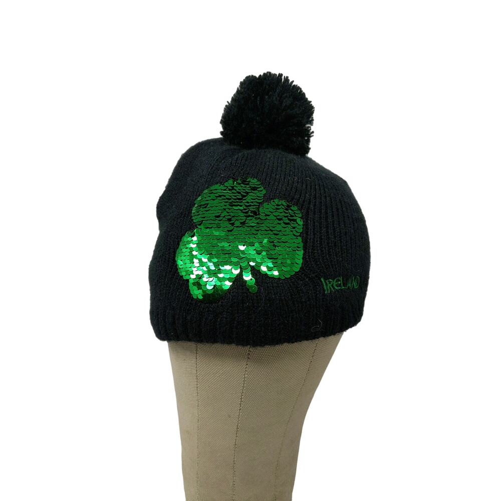 Made With Love Ireland Beanie Hat Green Shiny Pom Pom Black Knit Acrylic